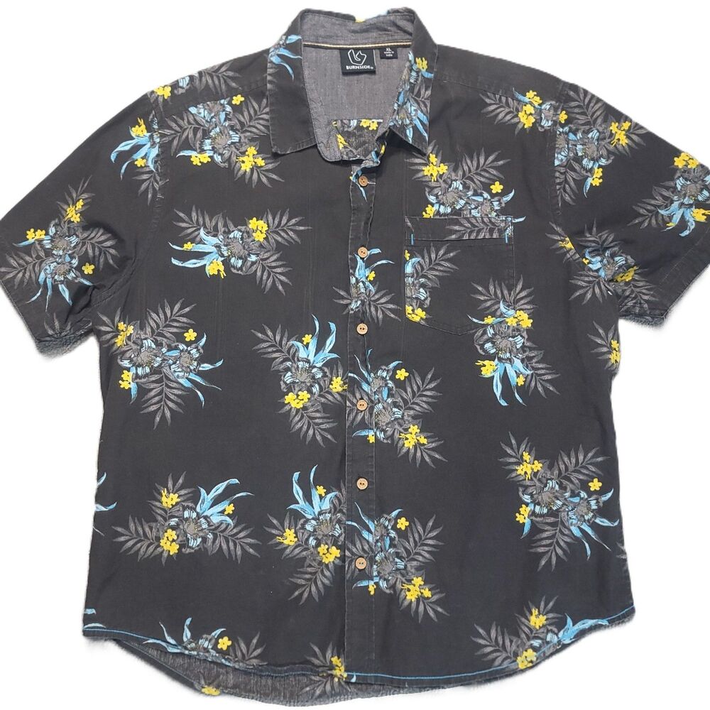 Burnside Shirt Mens XL Short Sleeve Button Up Black Yellow Blue Floral Tropical